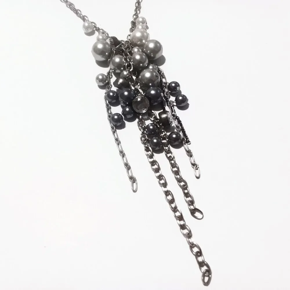 Silver Tone Pearl Rhinestone Tassel Necklace White Gray Pearls Long 28